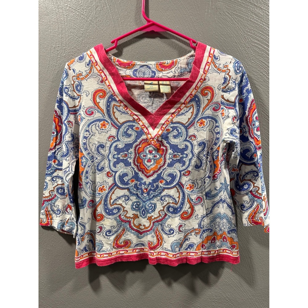 Caribbean Joe Womens Small Paisley Print V-Neck 3/4 Sleeve 100% Cotton Top Blue